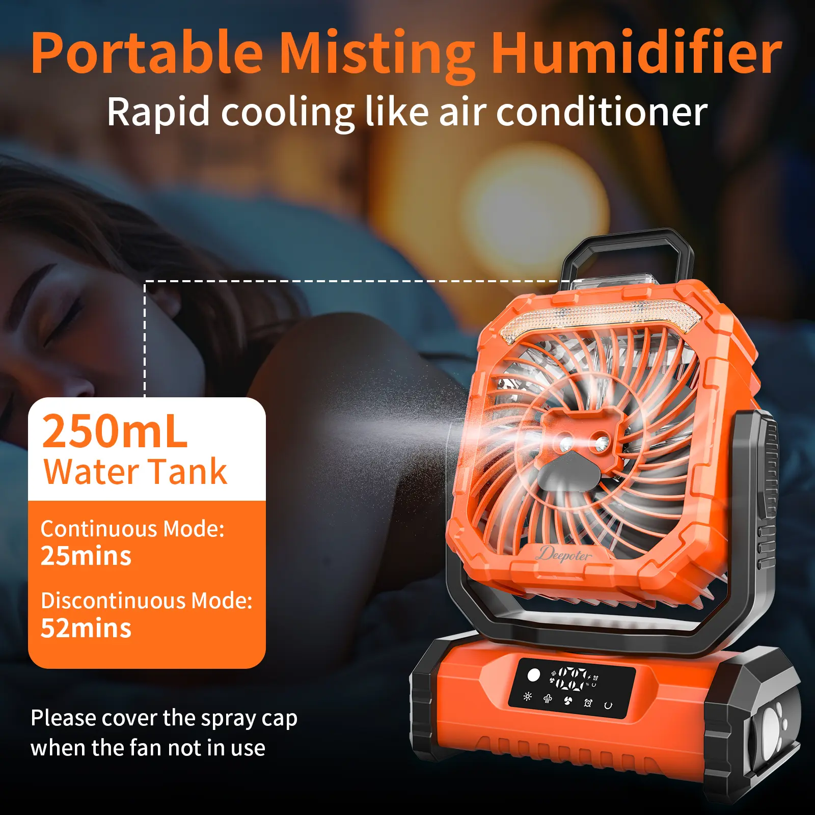 Ventilador Recargable para Camping con Luz LED, Pulverizador Humidificador, Cabezal Oscilante, Inalámbrico, Ligero y Portátil, Funciona con Batería