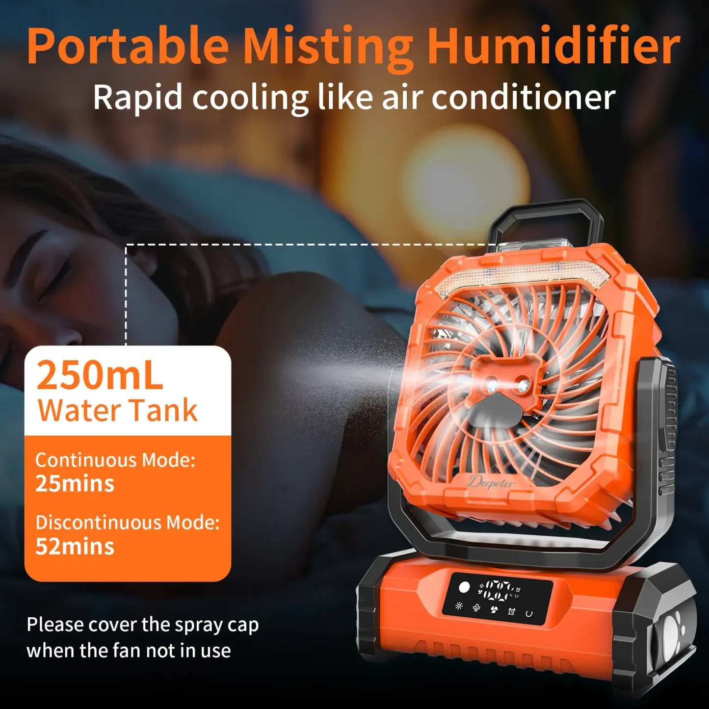 Ventilador Recargable para Camping con Luz LED, Pulverizador Humidificador, Cabezal Oscilante, Inalámbrico, Ligero y Portátil, Funciona con Batería