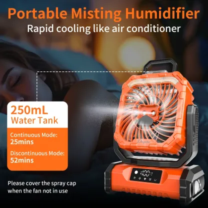 Ventilador Recargable para Camping con Luz LED, Pulverizador Humidificador, Cabezal Oscilante, Inalámbrico, Ligero y Portátil, Funciona con Batería