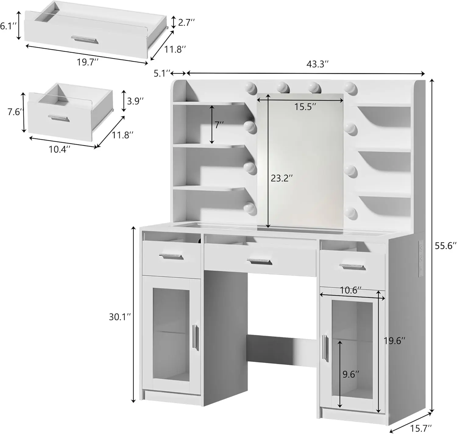 Tocador de maquillaje con espejo y luces de 3 colores, superficie transparente con 3 cajones RGB, 6 estantes, 2 armarios grandes de vidrio templado y toma de corriente; ideal para el dormitorio.