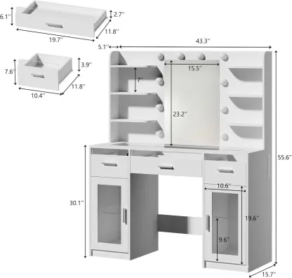 Tocador de maquillaje con espejo y luces de 3 colores, superficie transparente con 3 cajones RGB, 6 estantes, 2 armarios grandes de vidrio templado y toma de corriente; ideal para el dormitorio.
