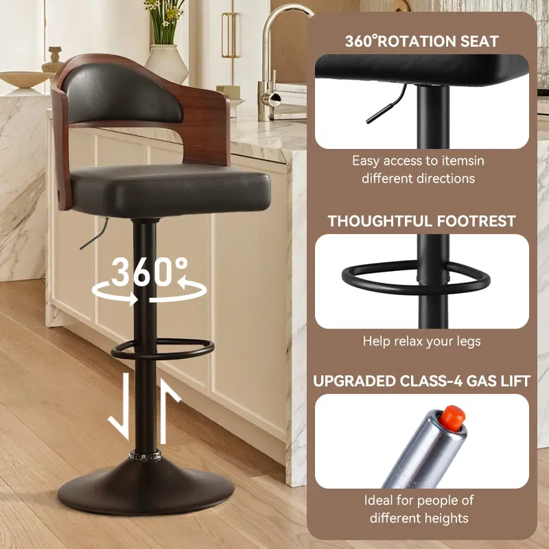 Juego de 1 o 2 taburetes de bar giratorios con altura ajustable (24,5-33,5 pulgadas); taburetes de madera tapizados en piel sintética, con respaldo y reposapiés, ideales para bar, cocina o comedor.