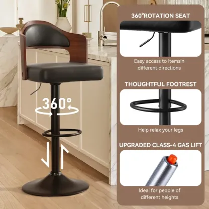 Juego de 1 o 2 taburetes de bar giratorios con altura ajustable (24,5-33,5 pulgadas); taburetes de madera tapizados en piel sintética, con respaldo y reposapiés, ideales para bar, cocina o comedor.