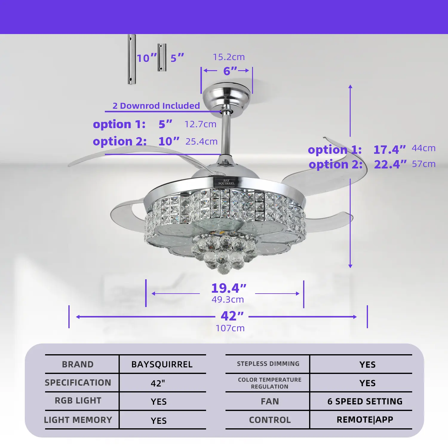 Ventilador de Techo Retráctil de Cristal con Altavoz, Control Remoto y APP, Motor Reversible de 6 Velocidades, Luz RGB Multicolor Ajustable, Luces LED Regulables, Iluminación Colorida, Luz Nocturna con Cambio de Color, Decoración para Habitación y Regalo