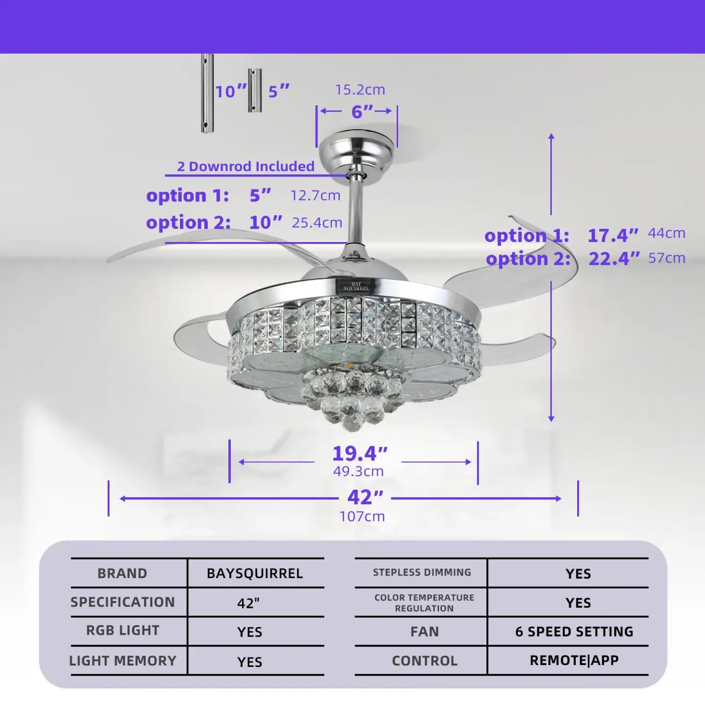 Ventilador de Techo Retráctil de Cristal con Altavoz, Control Remoto y APP, Motor Reversible de 6 Velocidades, Luz RGB Multicolor Ajustable, Luces LED Regulables, Iluminación Colorida, Luz Nocturna con Cambio de Color, Decoración para Habitación y Regalo
