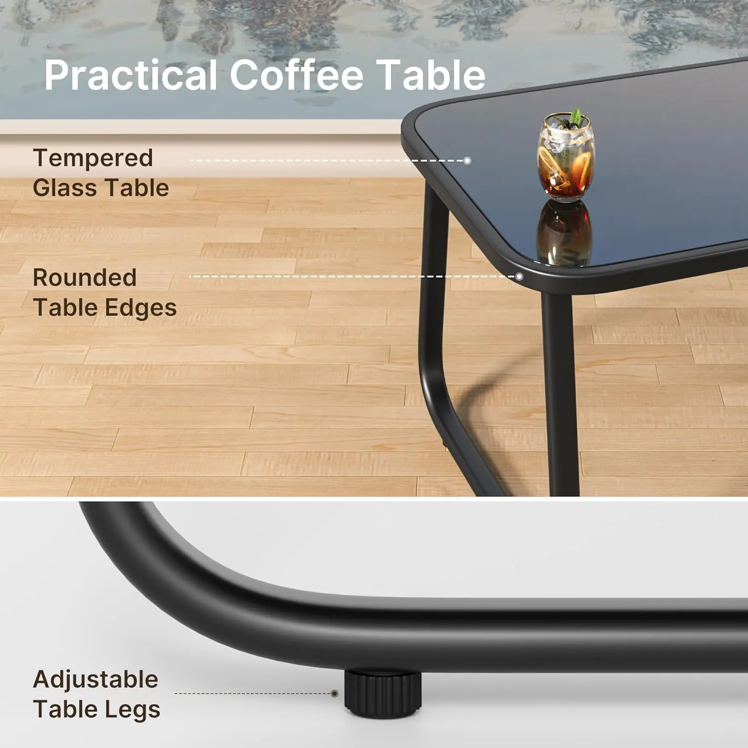 Juego de muebles de patio modernos de 4 piezas, resistente conjunto para zona de conversación: resistente a la intemperie, estable y con reposabrazos de madera; incluye 2 mecedoras y mesa de centro para patio o balcón.