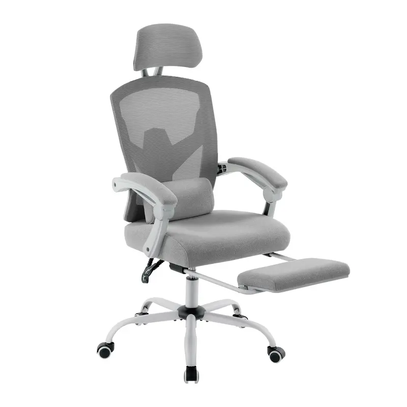 Silla de Oficina Ergonómica con Reposapiés, Reposacabezas Ajustable y Respaldo de Malla, Giratoria con Ruedas y Altura Regulable