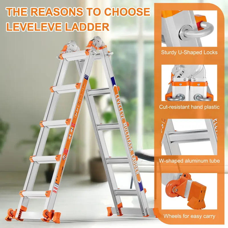Escalera extensible multiposición, escalera de tijera tipo A con barra estabilizadora y ruedas; capacidad de carga segura de 330 lb; segura para escaleras, el hogar, interiores, exteriores y trabajos en techos.
