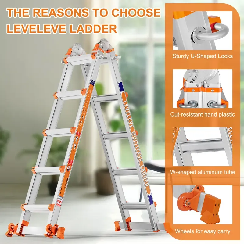 Escalera extensible multiposición, escalera de tijera tipo A con barra estabilizadora y ruedas; capacidad de carga segura de 330 lb; segura para escaleras, el hogar, interiores, exteriores y trabajos en techos.
