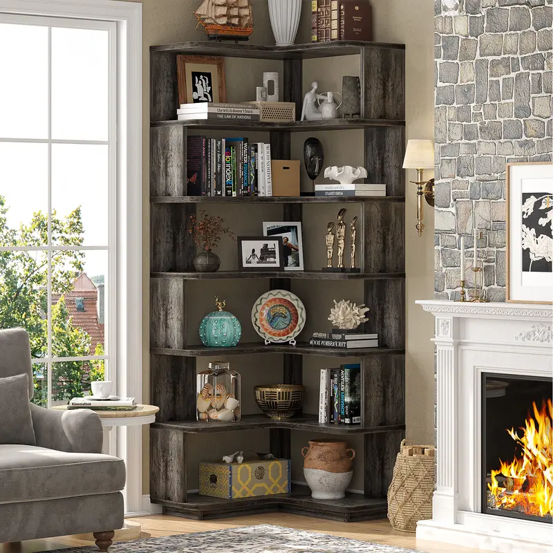 Estantería esquinera de madera, librería independiente en forma de L con panel divisorio, mueble expositor robusto con estantes para oficina en casa, sala de estar y dormitorio.