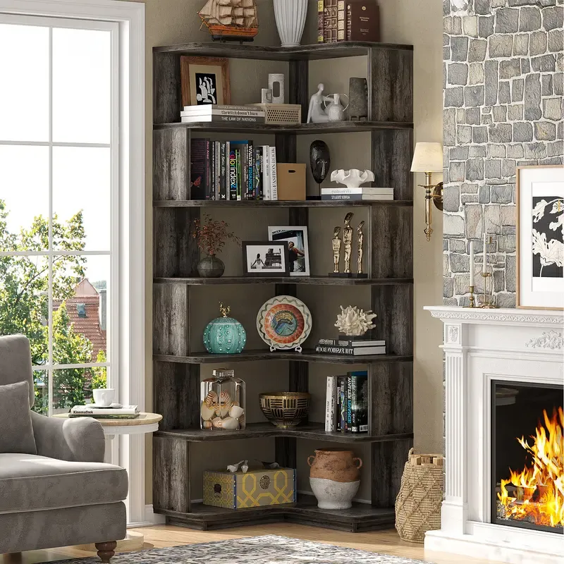 Estantería esquinera de madera, librería independiente en forma de L con panel divisorio, mueble expositor robusto con estantes para oficina en casa, sala de estar y dormitorio.
