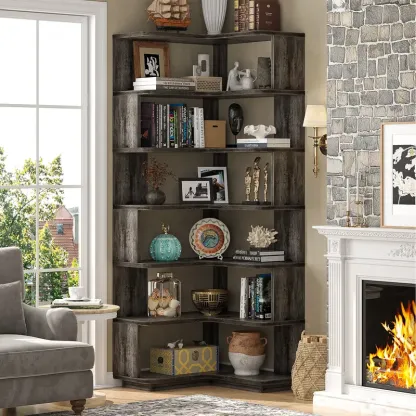 Estantería esquinera de madera, librería independiente en forma de L con panel divisorio, mueble expositor robusto con estantes para oficina en casa, sala de estar y dormitorio.