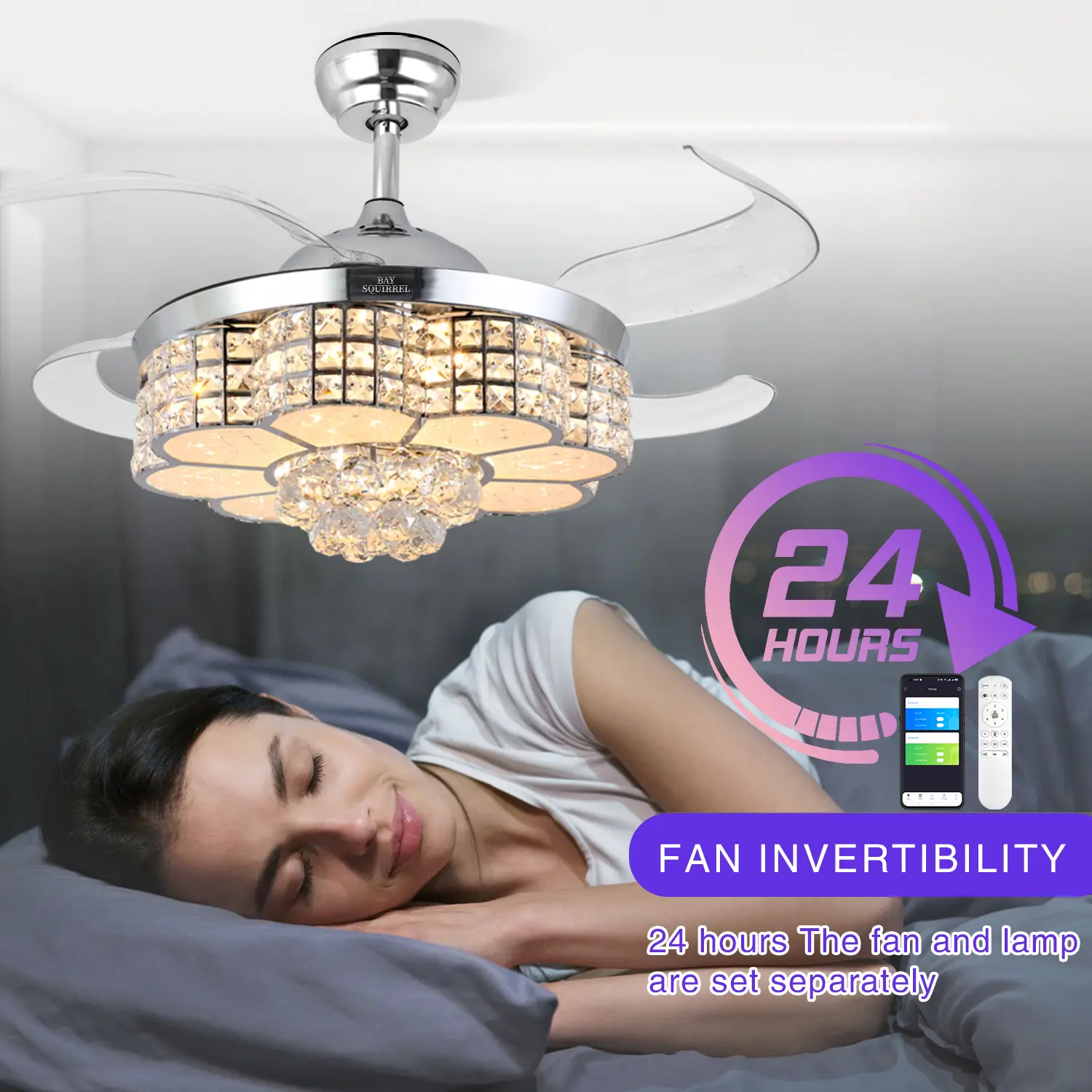 Ventilador de Techo Retráctil de Cristal con Altavoz, Control Remoto y APP, Motor Reversible de 6 Velocidades, Luz RGB Multicolor Ajustable, Luces LED Regulables, Iluminación Colorida, Luz Nocturna con Cambio de Color, Decoración para Habitación y Regalo