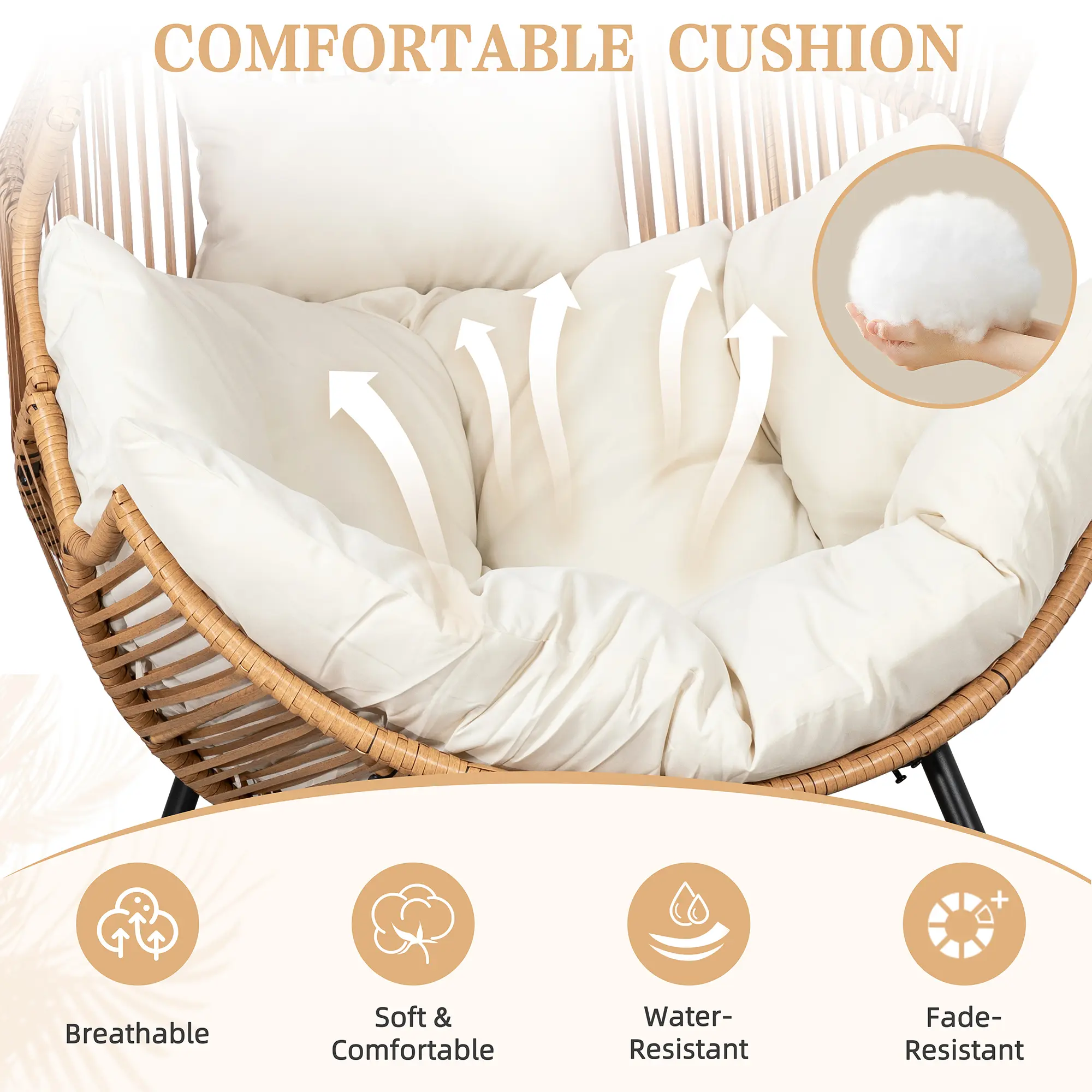 Sillón mecedora de mimbre para interiores y exteriores; silla tipo huevo de gran tamaño con cojín y capacidad de carga de 450 libras; ideal para dormitorio, balcón o jardín.