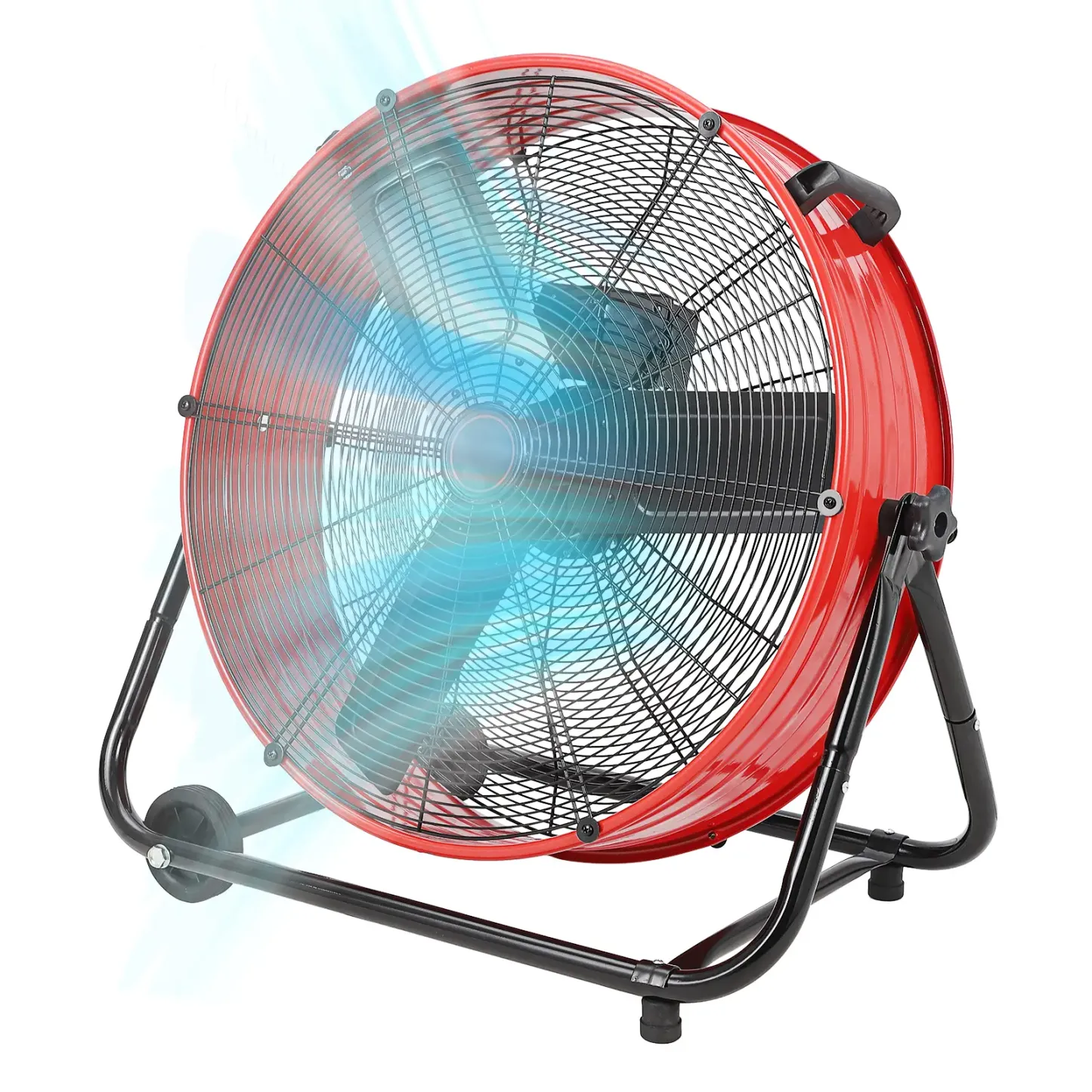 Ventilador de tambor industrial de alta velocidad y 24 pulgadas, con estructura totalmente metálica de alta resistencia, 3 velocidades y diseño inclinable 360°. Cuenta con asa de transporte y ruedas para facilitar su desplazamiento; es un potente ventilad