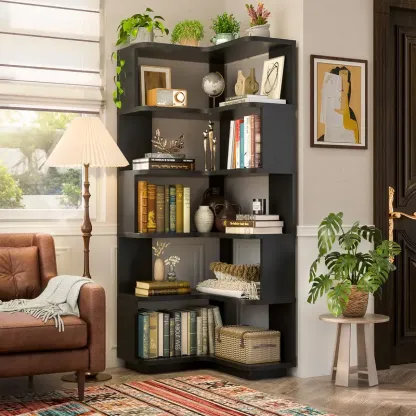 Estantería esquinera de madera, librería independiente en forma de L con panel divisorio, mueble expositor robusto con estantes para oficina en casa, sala de estar y dormitorio.