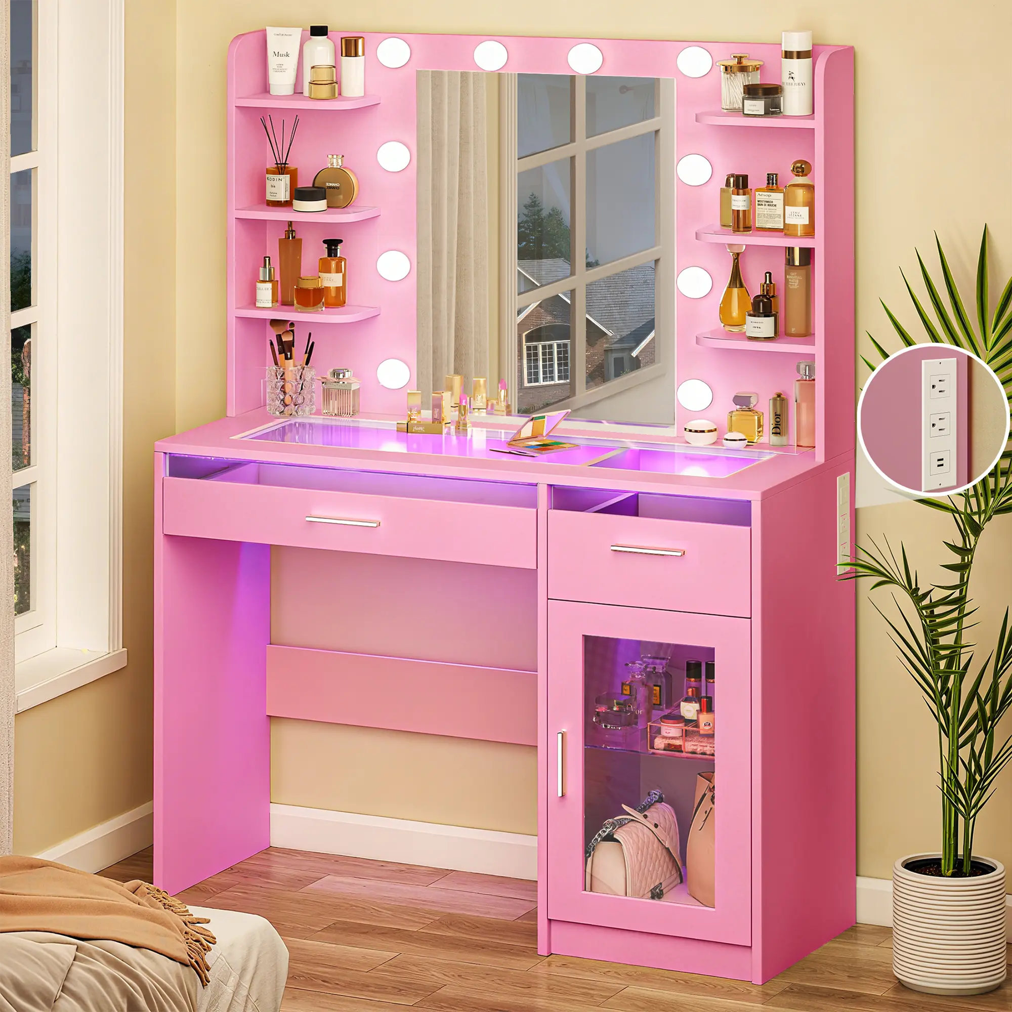Tocador de maquillaje con espejo y luces de 3 colores, superficie transparente con 3 cajones RGB, 6 estantes, 2 armarios grandes de vidrio templado y toma de corriente; ideal para el dormitorio.