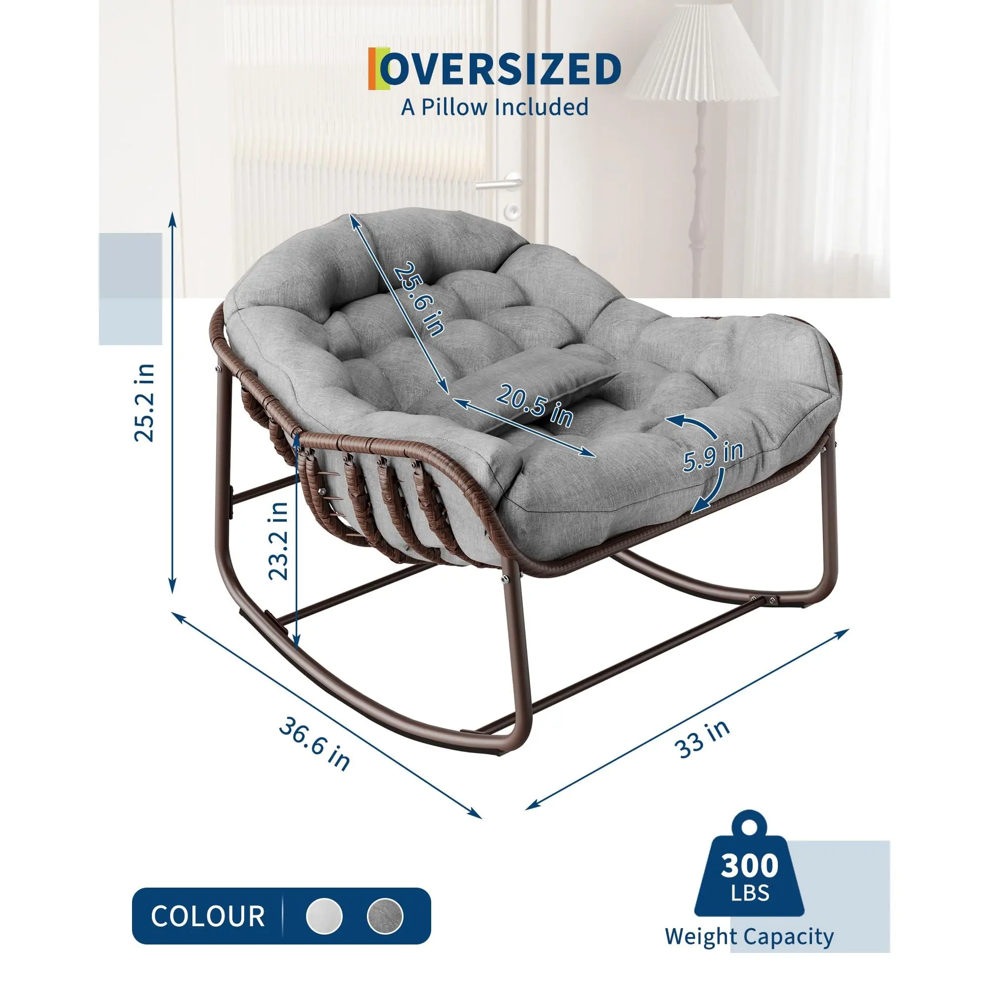 Silla Mecedora Tipo Huevo Papasan XL para Exterior, de Ratán Sintético, con Cojín Grueso Impermeable, Estructura Metálica Reforzada, Ideal para Balcón, Patio, Porche y Sala, Soporta hasta 450 lb