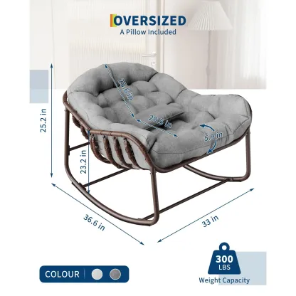 Silla Mecedora Tipo Huevo Papasan XL para Exterior, de Ratán Sintético, con Cojín Grueso Impermeable, Estructura Metálica Reforzada, Ideal para Balcón, Patio, Porche y Sala, Soporta hasta 450 lb