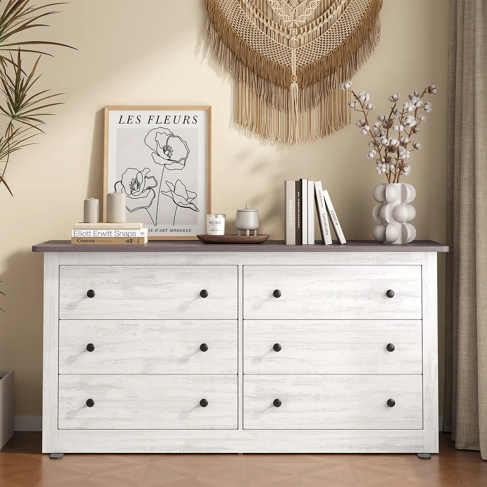Cómoda de madera de 59 pulgadas con 6 cajones; mueble de almacenamiento estilo vintage para dormitorio y sala de estar.