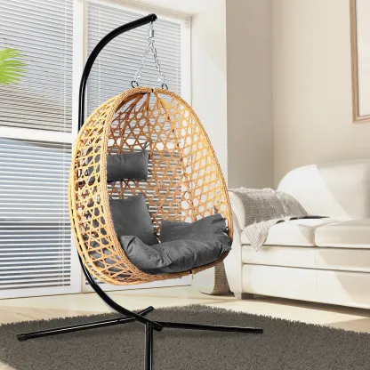 Silla Colgante Tipo Huevo de Ratán para Interior y Exterior, Soporta hasta 350 lb, con Cojín Cómodo para Patio, Jardín y Balcón