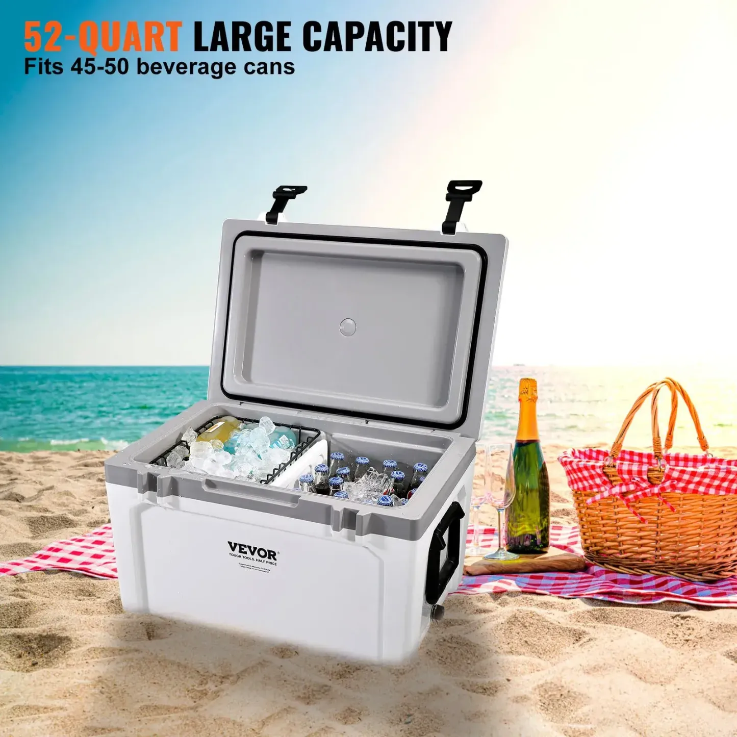 Nevera Portátil Aislante 350 Gold, 52 qt, Capacidad para 50 Latas, Conserva el Hielo hasta 6 Días, Asa Resistente y Superficie Antideslizante, Ideal para Camping, Viajes y Uso al Aire Libre.