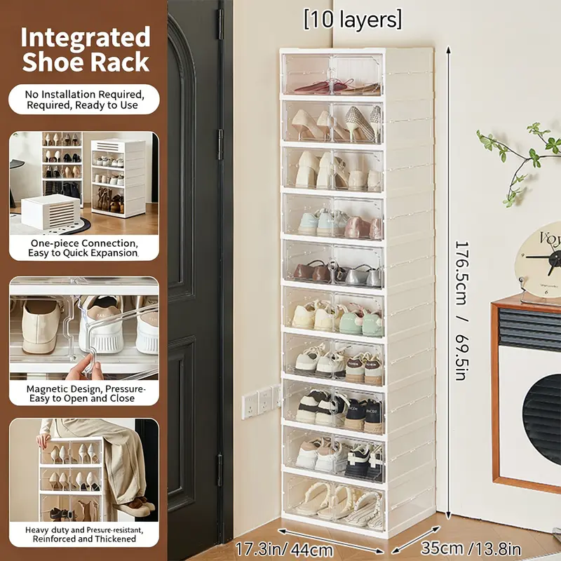Zapatero Plegable de 10 Niveles con Puertas Transparentes Magnéticas, Capacidad para 20 Pares de Zapatos, Gran Capacidad, Apilable, Resistente, Ahorra Espacio y Sin Instalación