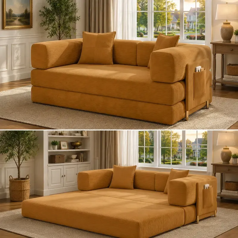 Sofá cama futón convertible de pana de 78,8 pulgadas; sofá sin estructura rígida que no requiere montaje, con bolsillo de almacenamiento para sala de estar; color verde; ideal para dormitorios y decoración del hogar.
