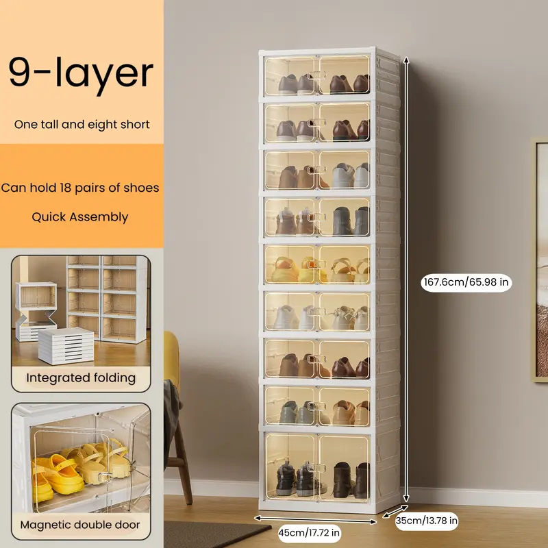 Zapatero plegable con puertas magnéticas transparentes, unidad de almacenamiento de 9 niveles para 18 pares de zapatos, diseño sencillo, gran capacidad, resistente, zapatero de plástico apilable, ahorra espacio, no requiere instalación.