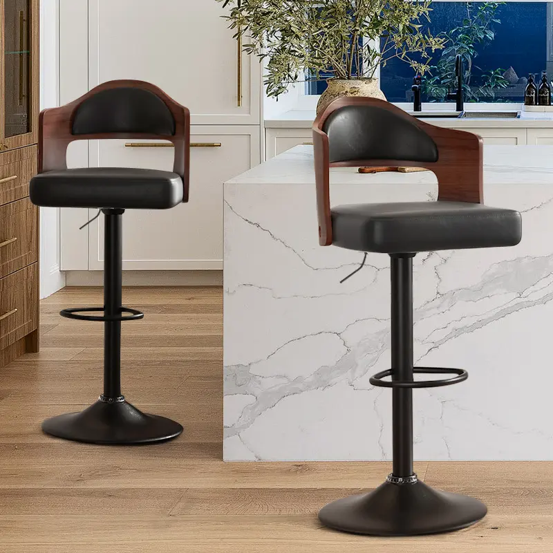 Juego de 1 o 2 taburetes de bar giratorios con altura ajustable (24,5-33,5 pulgadas); taburetes de madera tapizados en piel sintética, con respaldo y reposapiés, ideales para bar, cocina o comedor.