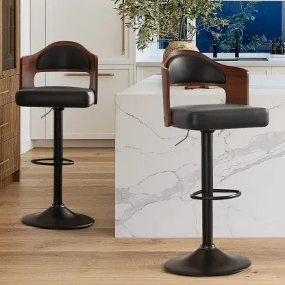 Juego de 1 o 2 taburetes de bar giratorios con altura ajustable (24,5-33,5 pulgadas); taburetes de madera tapizados en piel sintética, con respaldo y reposapiés, ideales para bar, cocina o comedor.