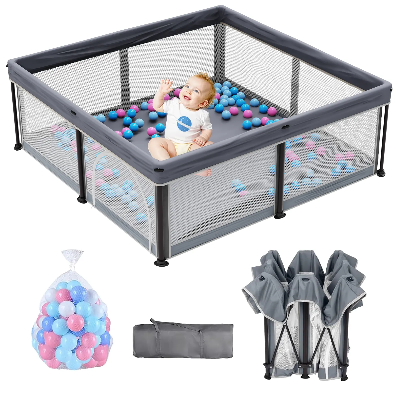 Foldable Baby Playpen 50x50 Inches with Mesh & Balls