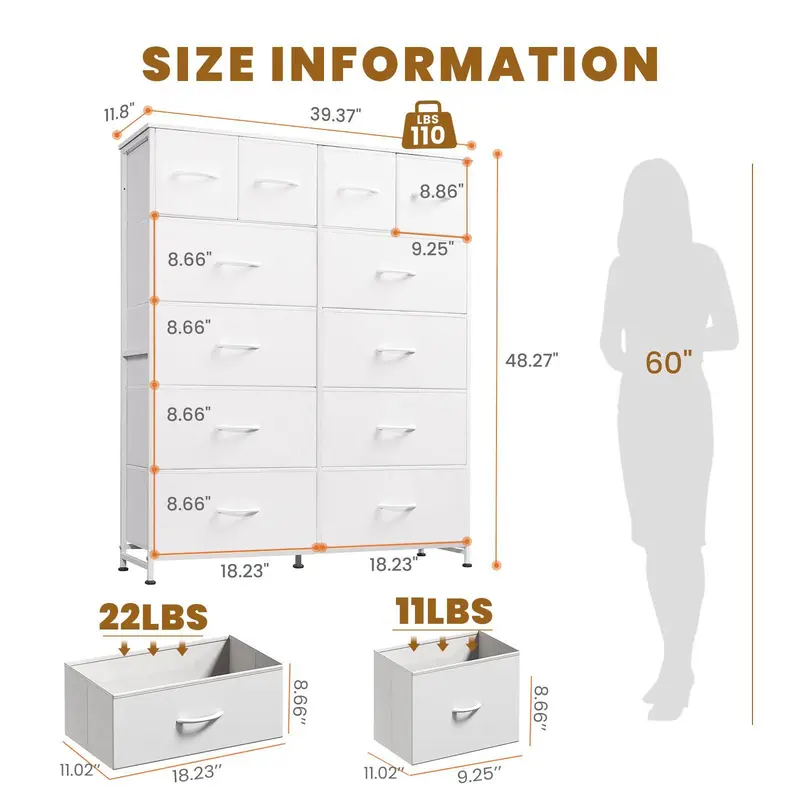Cómoda de tela con 12 cajones: mueble de almacenamiento práctico para dormitorios, solución de organización para el hogar y la oficina, cajones de tela extraíbles, múltiples cajones de almacenamiento.