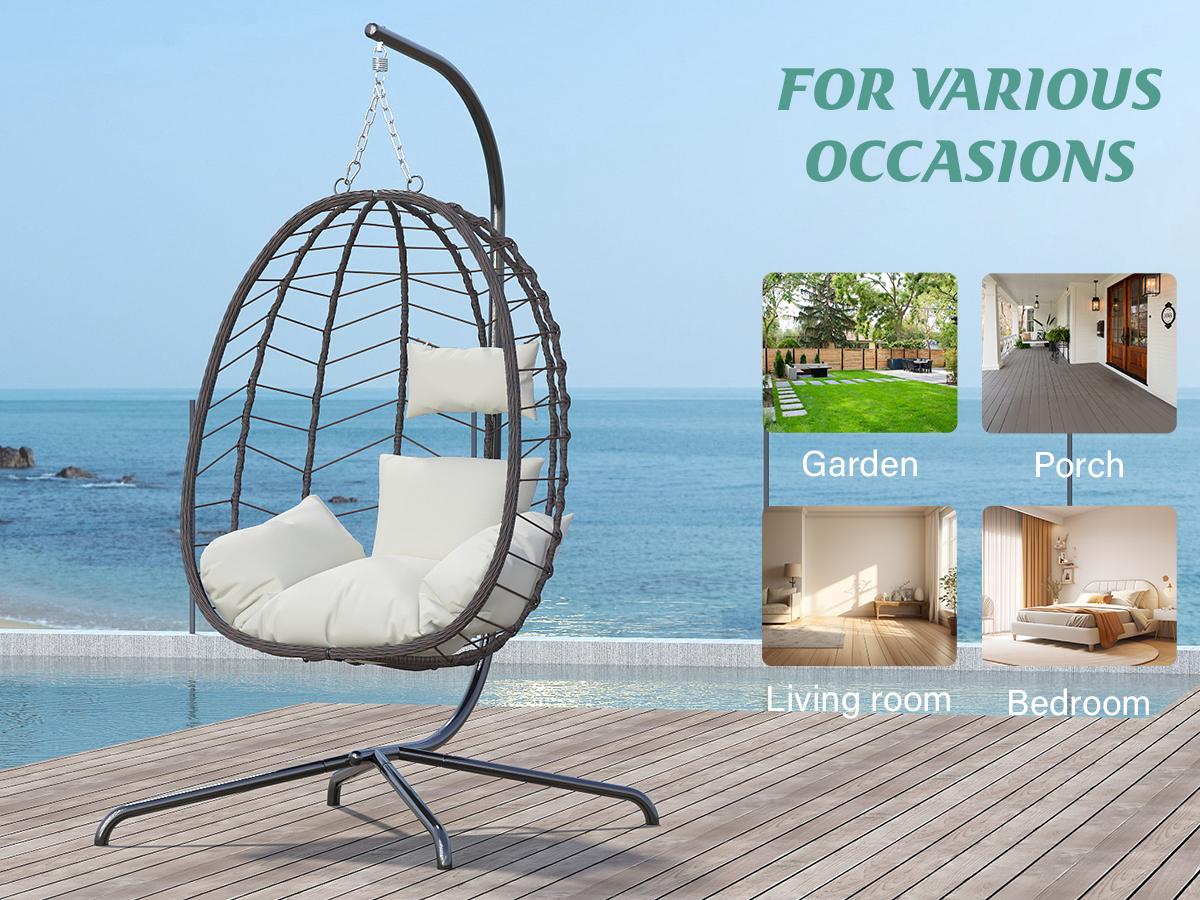 RIWENGO Hanging Egg Chair with Stand &ndash; Handwoven Rattan Patio Swing with Cushion, 350lb Capacity &ndash; Indoor/Outdoor Chic for Patio, Garden & Poolside