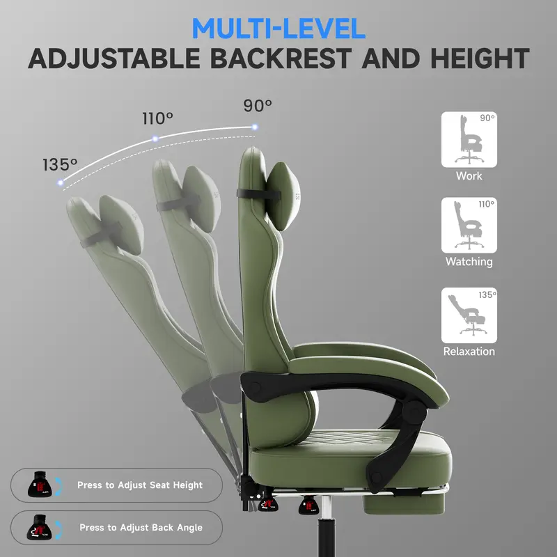 Silla Gaming Ergonómica Reclinable con Reposapiés, Cuero Transpirable, Soporte para Espalda, Asiento Amplio Acolchado, Capacidad de 300 lb, Ideal para Oficina, Gaming y Streaming