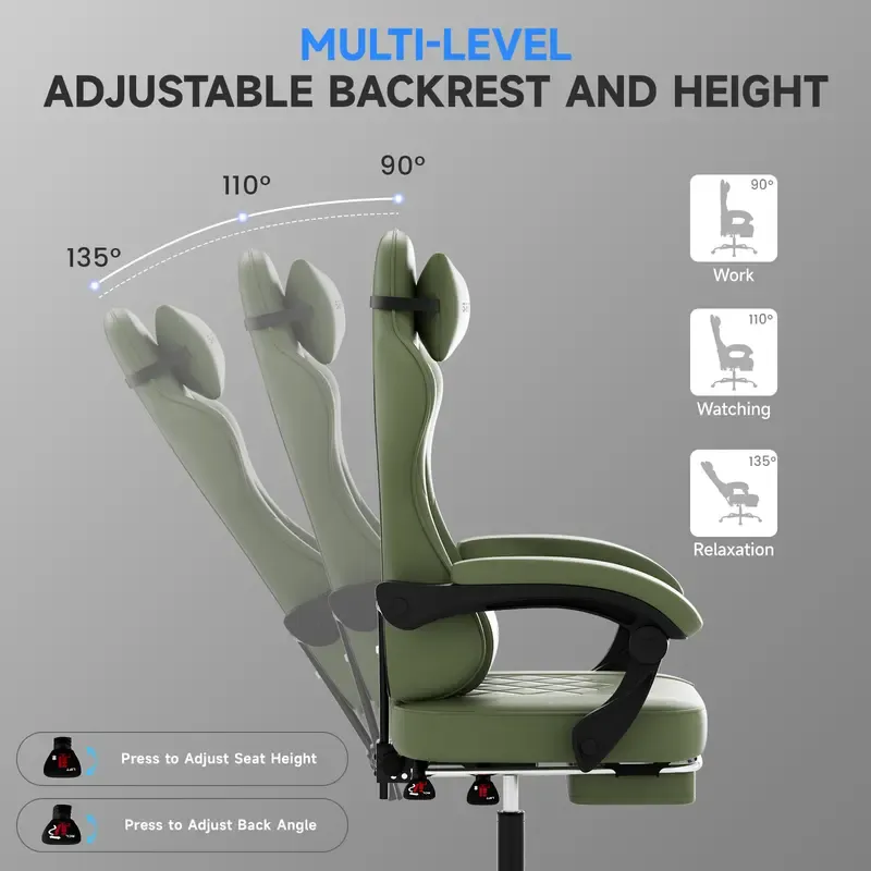 Silla Gaming Ergonómica Reclinable con Reposapiés, Cuero Transpirable, Soporte para Espalda, Asiento Amplio Acolchado, Capacidad de 300 lb, Ideal para Oficina, Gaming y Streaming