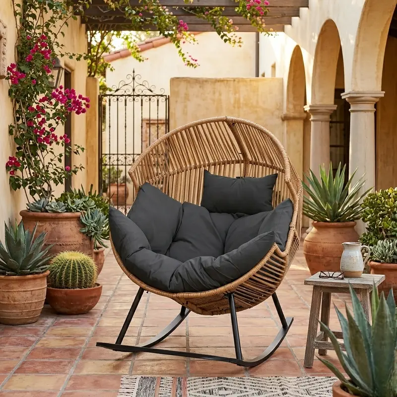 Sillón mecedora de mimbre para interiores y exteriores; silla tipo huevo de gran tamaño con cojín y capacidad de carga de 450 libras; ideal para dormitorio, balcón o jardín.