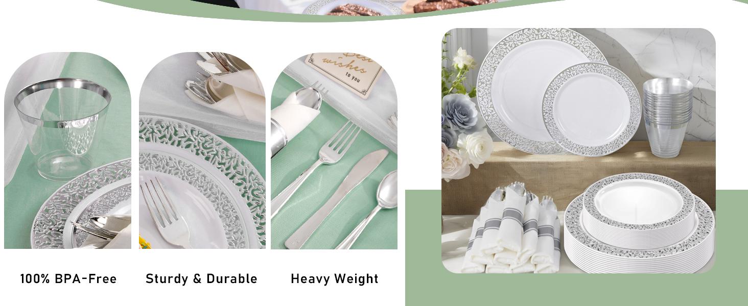 Dinnerware Sets, Gold Plastic Plates ,Include: Dinner Plates,  Dessert Plate,  Gold Plastic Silverware, Cups for Party, Disposable Dinnerware, Leak-Proof,sohochic