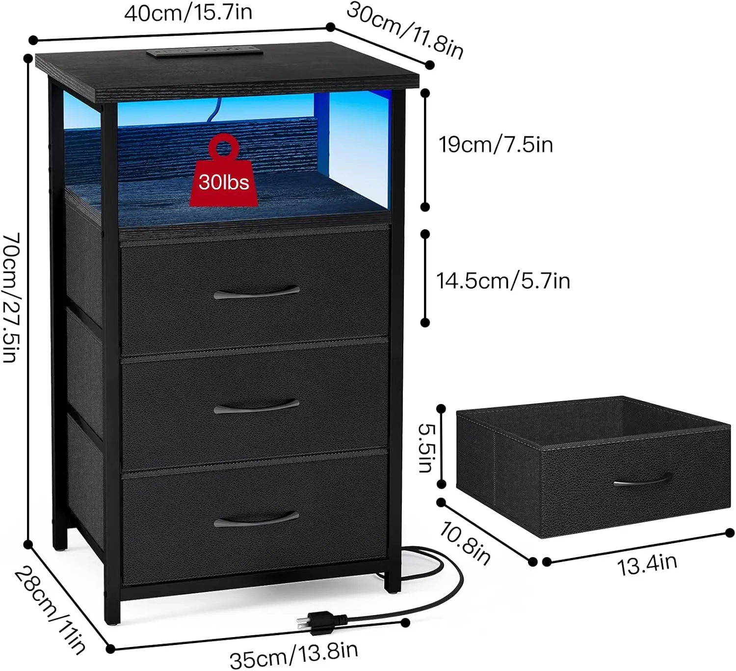 Mesita de Noche de 41" con Estación de Carga, Puertos USB y Enchufe, 3 Cajones de Tela, Diseño Multifuncional 3 en 1, Color Negro