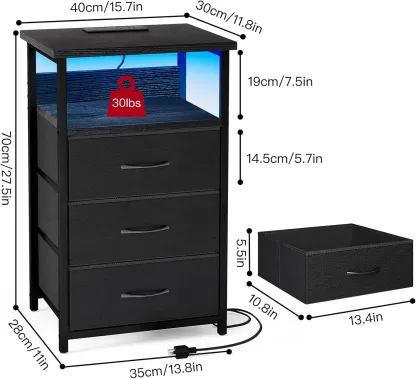 Mesita de Noche de 41" con Estación de Carga, Puertos USB y Enchufe, 3 Cajones de Tela, Diseño Multifuncional 3 en 1, Color Negro
