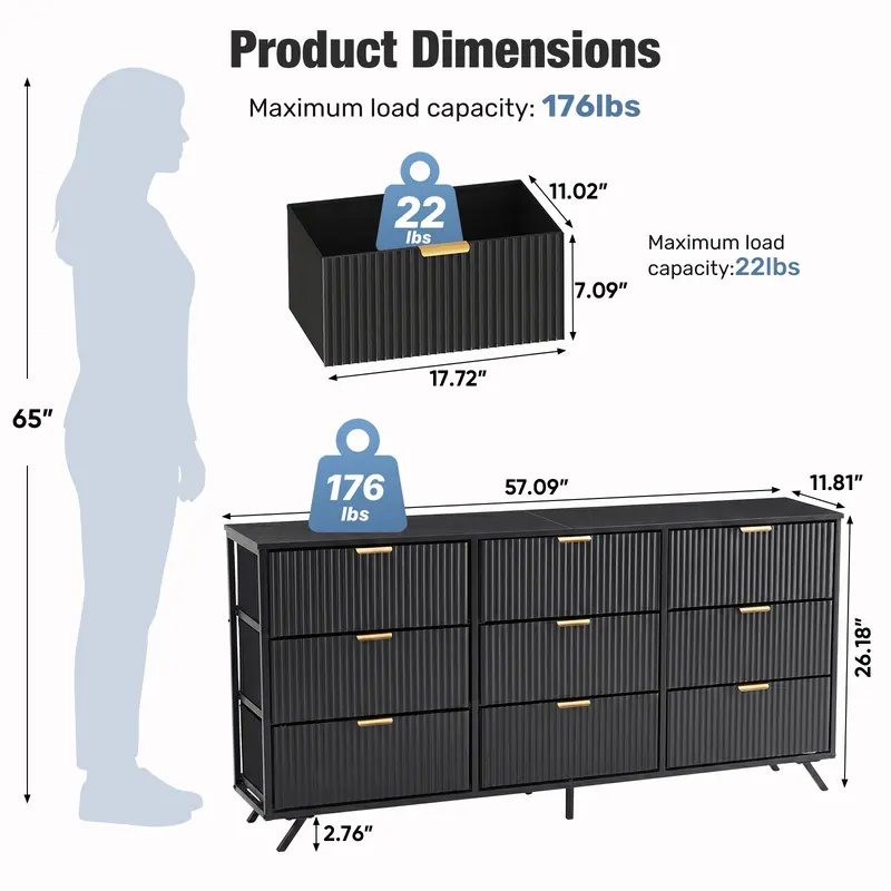 Cómoda de 9 Cajones de Tela, Aparador de Madera de 57", Mueble TV Moderno para 35/45/55", Gran Capacidad de Almacenamiento con Base Reforzada
