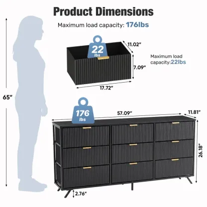 Cómoda de 9 Cajones de Tela, Aparador de Madera de 57", Mueble TV Moderno para 35/45/55", Gran Capacidad de Almacenamiento con Base Reforzada