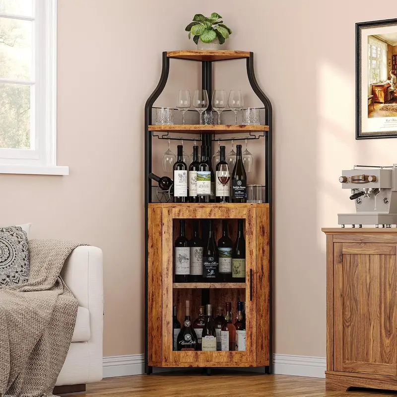 Mueble esquinero para vinos con estante extraíble y puerta estilo granero de 5 niveles