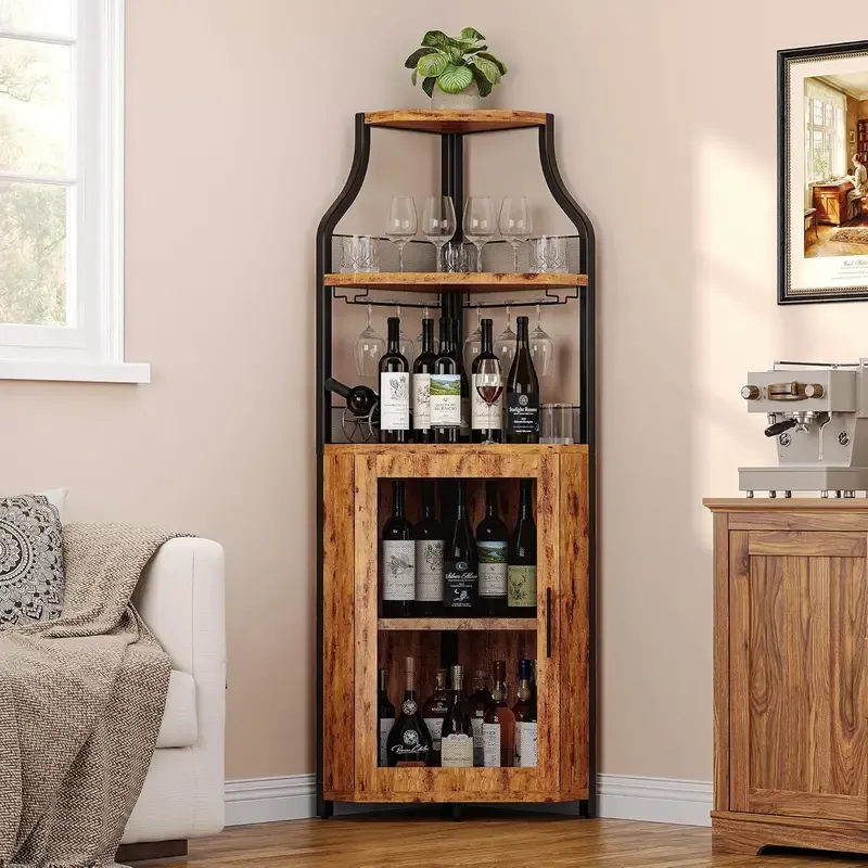 Mueble esquinero para vinos con estante extraíble y puerta estilo granero de 5 niveles