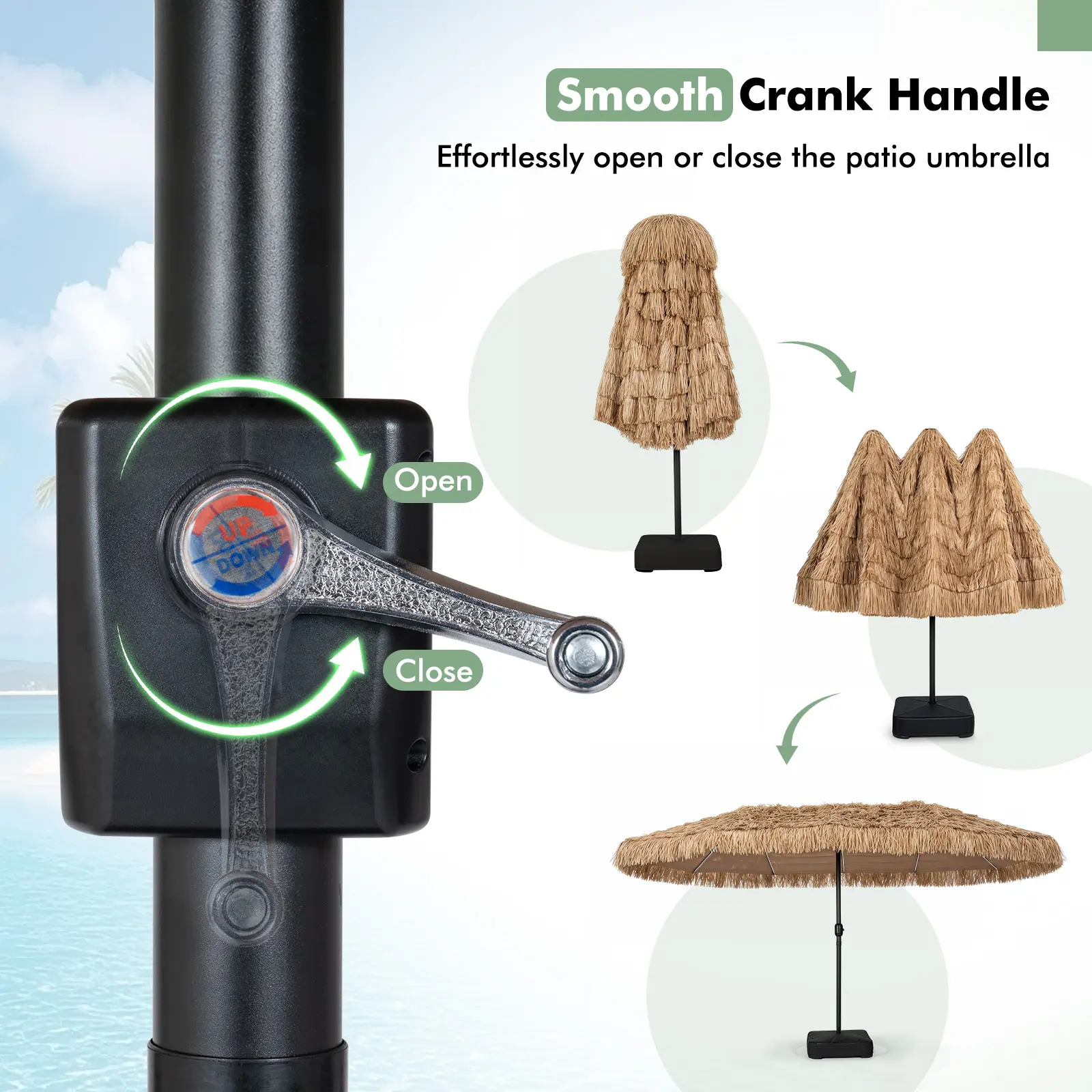 Sombrilla Tiki Solar de 15 FT para Exterior con Base, Estilo Hawaiano con 144 Luces LED Multicolor, 12 Modos, Manivela Ajustable y Diseño de Césped PE para Patio, Jardín y Piscina