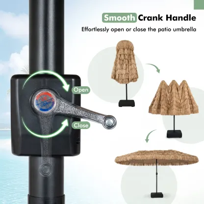 Sombrilla Tiki Solar de 15 FT para Exterior con Base, Estilo Hawaiano con 144 Luces LED Multicolor, 12 Modos, Manivela Ajustable y Diseño de Césped PE para Patio, Jardín y Piscina