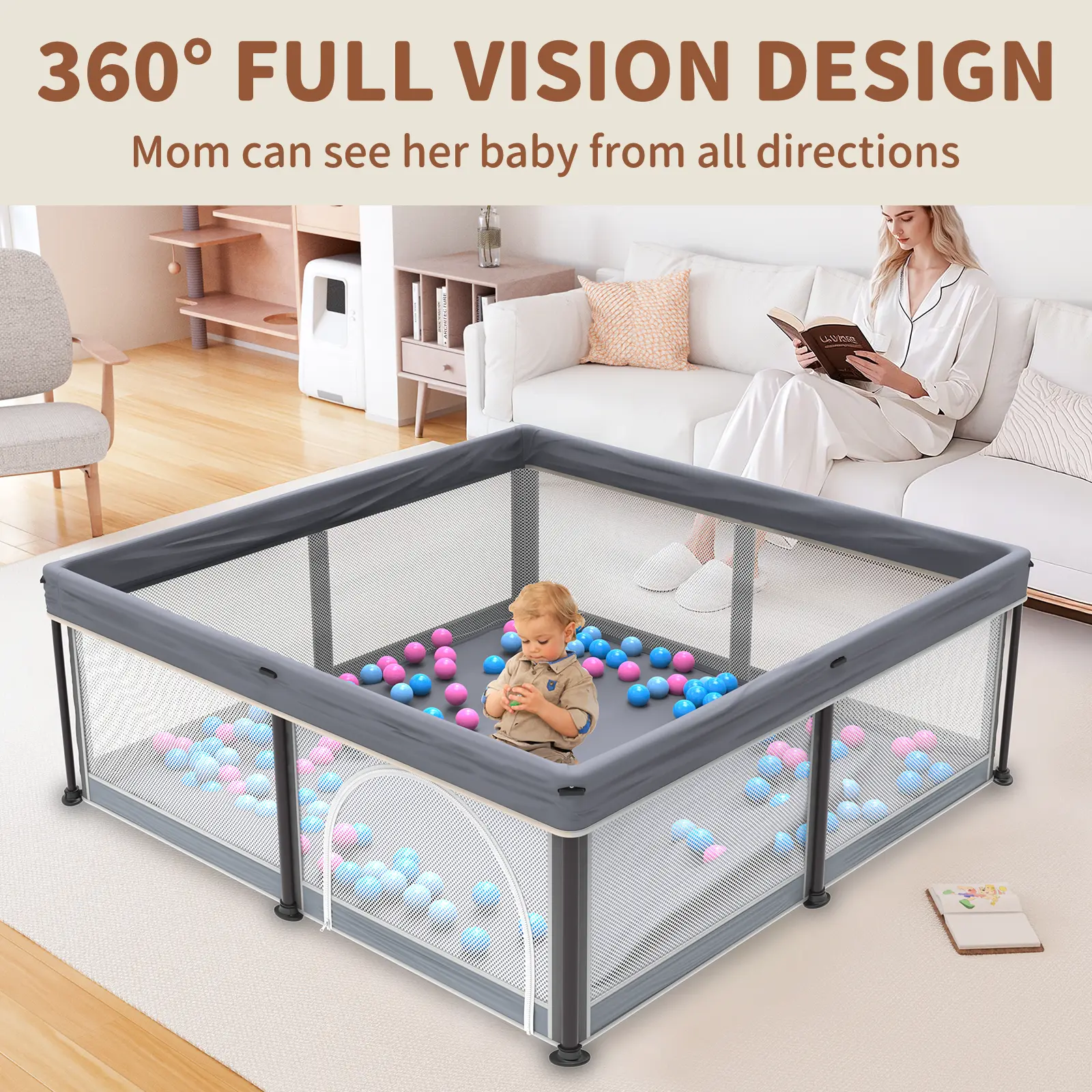 Foldable Baby Playpen 50x50 Inches with Mesh & Balls