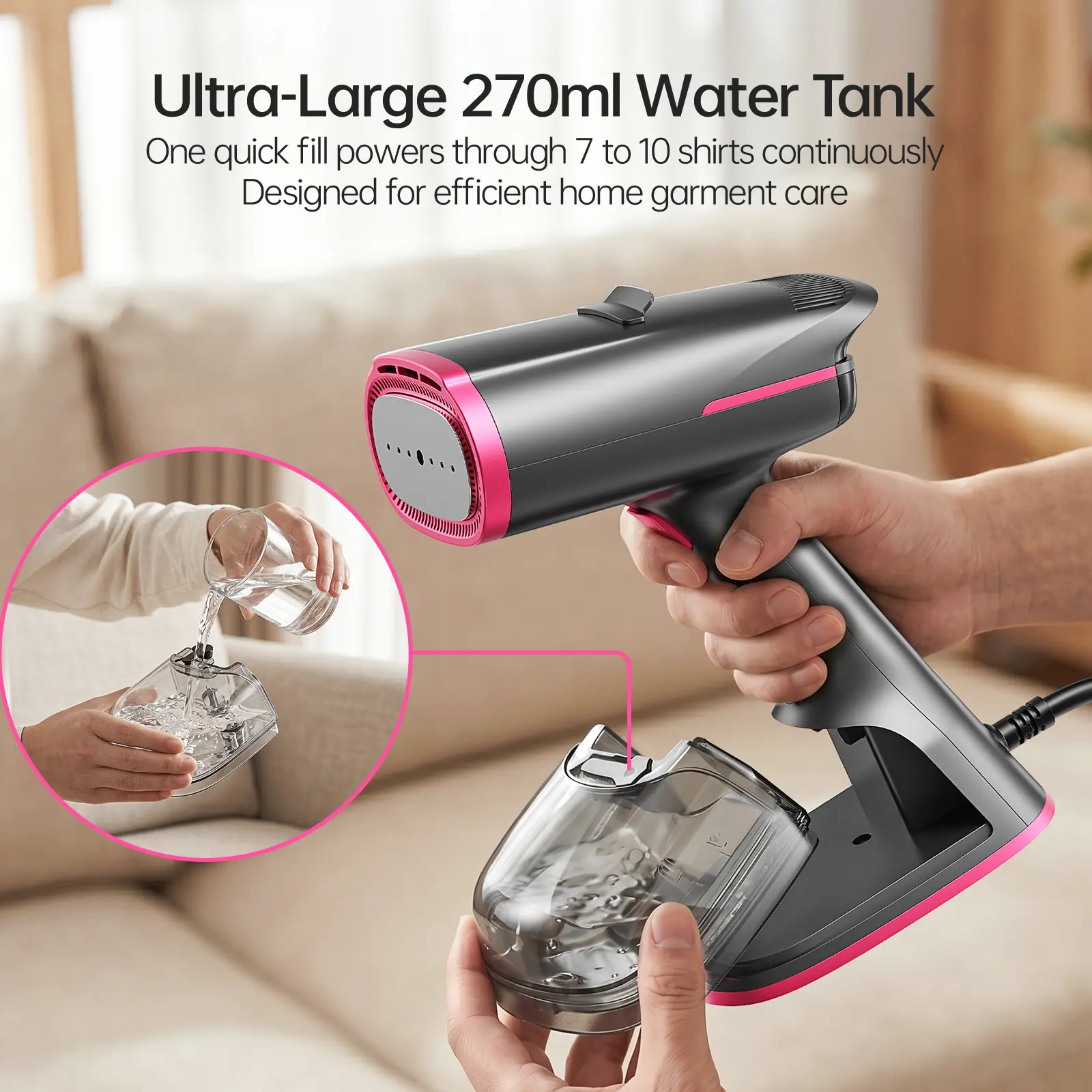 Vaporizador de prendas con succión, gran capacidad de 270 ml, vaporizador de mano de 1400 W, dispositivo 2 en 1 de succión y planchado, plancha de viaje portátil para ropa y tejidos, amplia placa calefactora de cerámica.