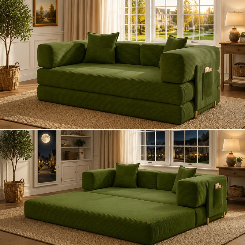 Sofá cama futón convertible de pana de 78,8 pulgadas; sofá sin estructura rígida que no requiere montaje, con bolsillo de almacenamiento para sala de estar; color verde; ideal para dormitorios y decoración del hogar.
