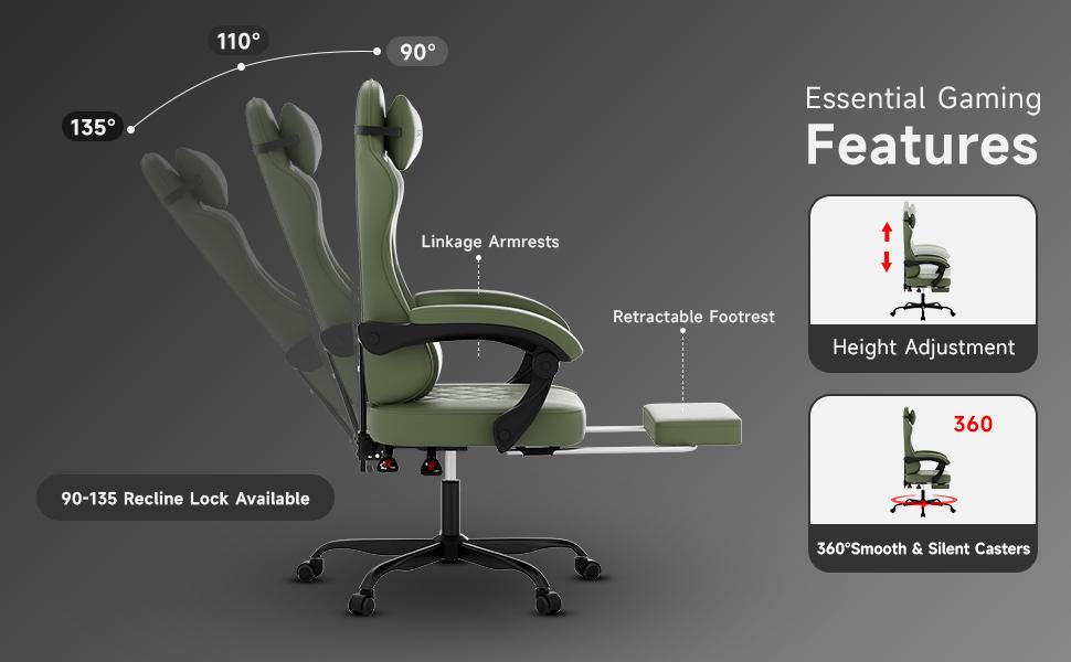 Solid-Color Minimalist Gaming Chair with Footrest | Ergonomic Reclining Office Chair. Breathable durable leather, spine-supporting, wide padded seat.300 lbs capacity. Ideal for home office, gaming and live streaming.    silent caster